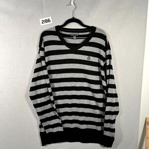 Swiss Cross Sweater Mens XL Gray Black Striped V Neck Pullover Ribbed Hem Winter